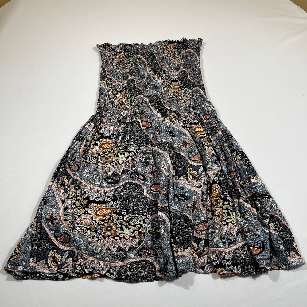 Island Planet Strapless Dress Women OS Multicolor Paisley Smocked Boho Rayon